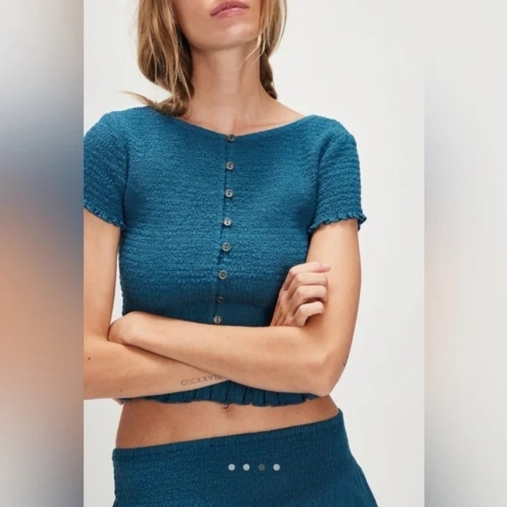 Free People Braveheart Solid Set Seaside Blue Smocked Top & Midi Skirt NWT - Picture 3 of 4